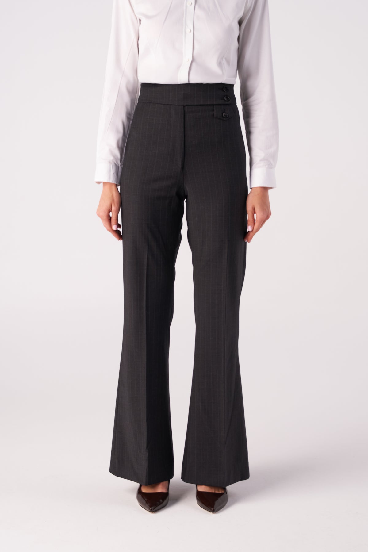 Pinstripe Wide-Leg Stretch Wool Blend Trousers